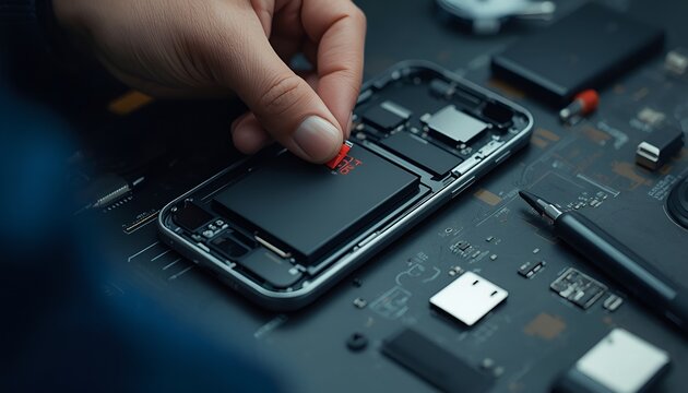 Smartphone battery installation process on modern repair bench