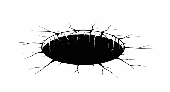 A jagged black oval hole with radiating cracks against a white background