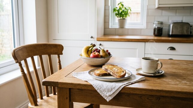 Cozy Breakfast Scene: Toasted Bread, Fruit Bowl, Coffee on Wooden Table in Sunny Kitchen
