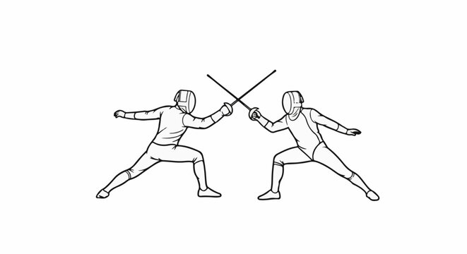 Two fencers in protective gear clash swords in an athletic duel