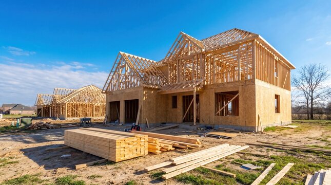 Residential house frame with wooden timber structure on construction site under blue sky.