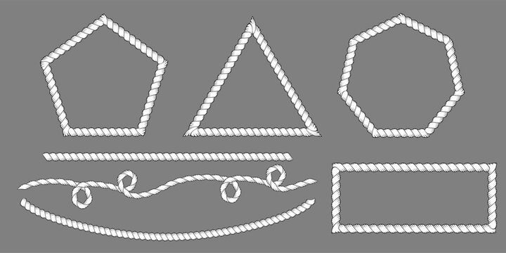 Vector rope borders and decorative frames with nautical cord. Marine cable patterns for sailor design. Braided string with bow details. Set of rope seamless pattern with nautical cord for brush