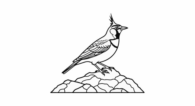Line art of a horned lark perched on textured rocks