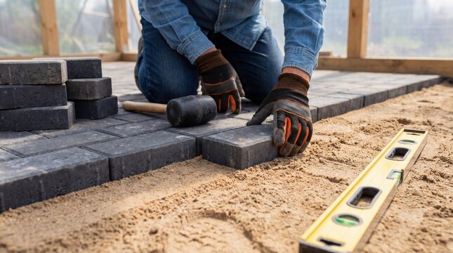 Worker installing stone pavers with spirit level and mallet on sand in outdoor patio project.