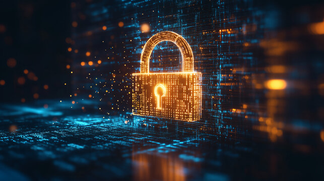 Digital data protection concept with glowing golden padlock and binary code on dark blue tech background