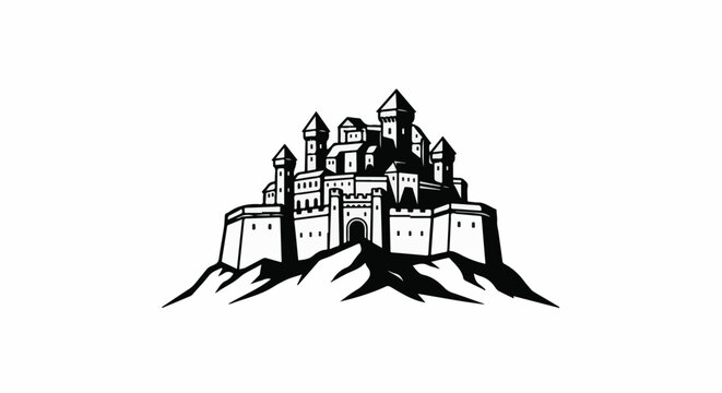 Ornate medieval fortress with multiple towers perched atop a rocky mountain