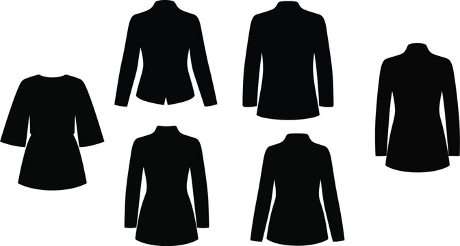 Women's professional blazer and fitted jacket silhouette set, collection of six black vector outlines for formal office wear and business attire isolated on white.