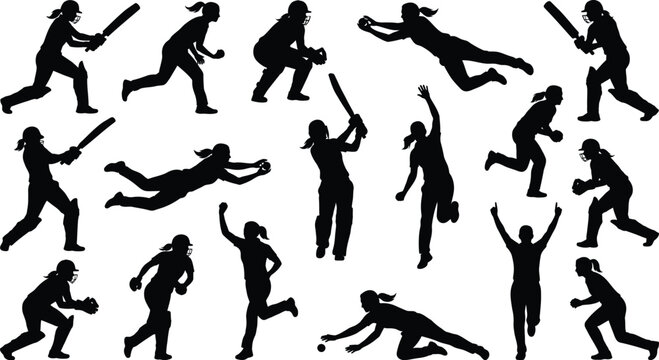 Collection of female cricket player silhouettes in various poses action