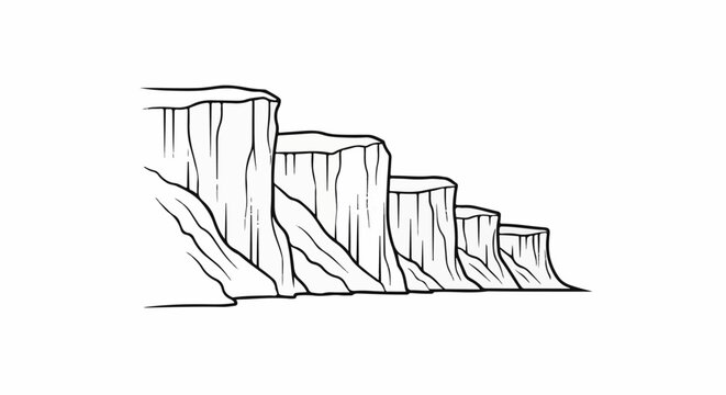 Stylized black and white illustration of layered geological rock formations