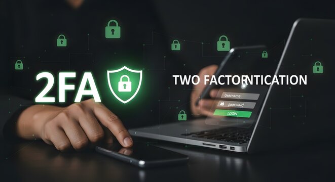 Two-factor authentication cybersecurity concept with smartphone, laptop, and secure login interface on dark background