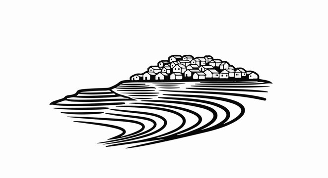 Stylized rural village on a terraced hillside with curved fields below