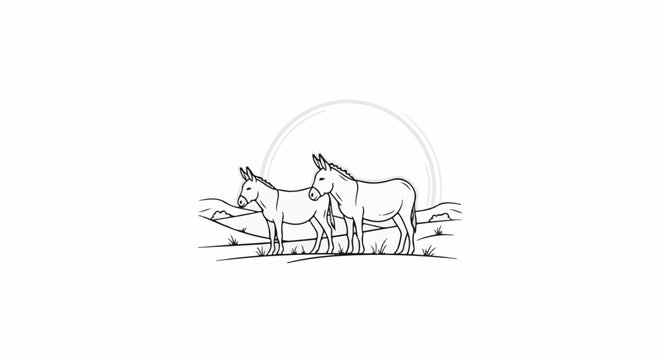 Two donkeys stand on a grassy hill under a partial circle sun