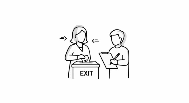 Stylized figures cast votes into a ballot box and record information