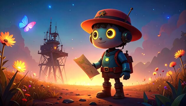 Robot Explorer in Floral Alien Landscape.