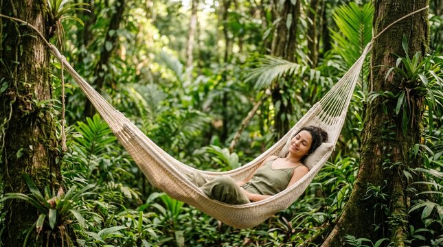 Woman relaxing in a hammock between trees in the Amazon
