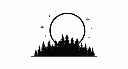 Silhouette of moon and stars above a pine forest