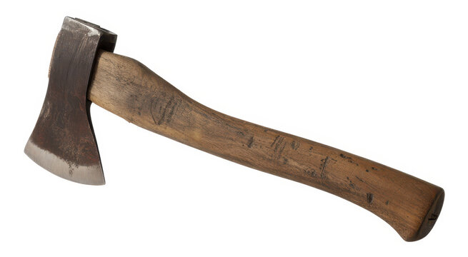 Used hand axe with worn wooden handle and oxidized steel blade isolated on white background