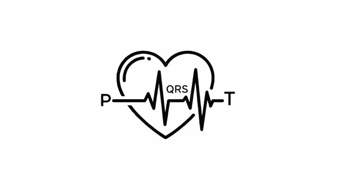 Stylized heart with electrocardiogram line, labeled with P, QRS, and T