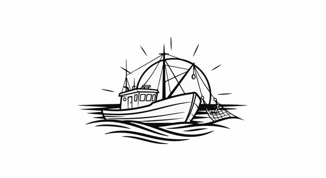Stylized black and white drawing of a fishing boat with nets and sunrays