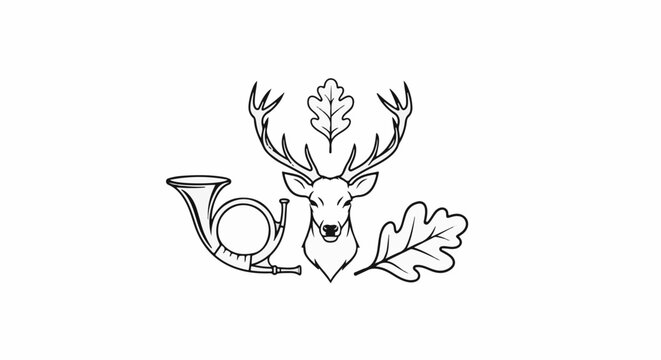 Stag head with antlers, hunting horn, and oak leaves in sketch style
