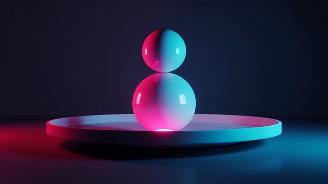 A 3D rendering of two glowing spheres on a circular platform with neon lighting effects