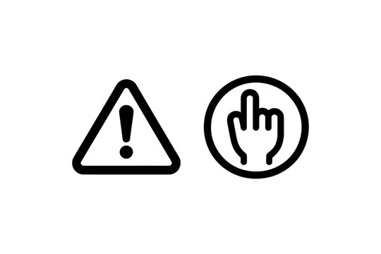 Warning signs with exclamation mark and pointing hand icons