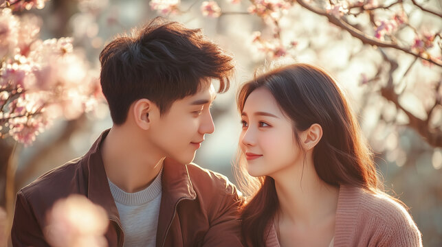 Romantic young Asian couple looking at each other in a blooming spring garden, love and relationship concept, soft sunlight, cinematic atmosphere