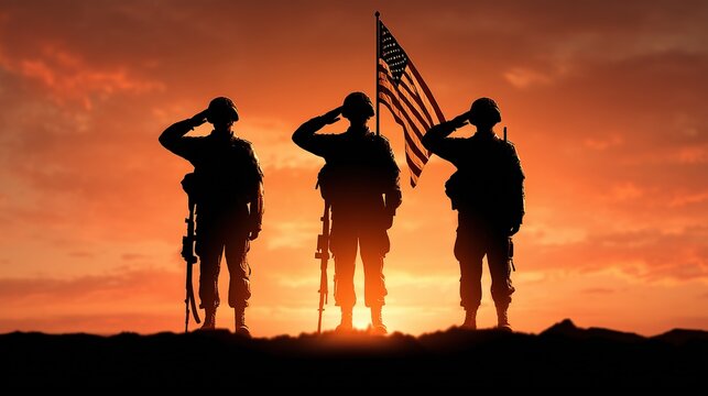 Three soldiers in gear saluting against a bright orange sunset with the US flag. Concept of honoring veterans, sacrifice, and national pride.
