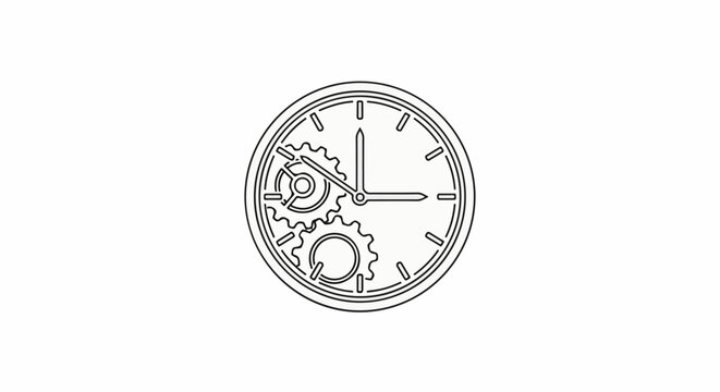 Outline of a clock with visible gears and hands on a white background