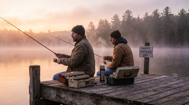 Fisherman and his adult son casting lines from a weathered dock at dawn on Father's Day, morning mist hovering over the lake surface, tackle 2