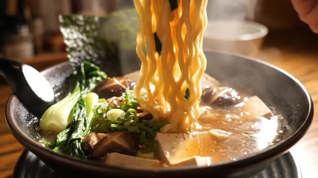 Steaming Bowl of Delicious Ramen Noodles with Tofu and Bok Choy.