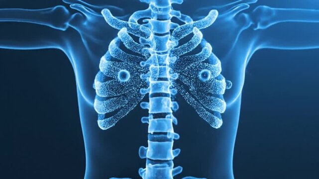 3D medical animation of a human skeleton forming from glowing blue particles. Futuristic visualization of the spinal column and rib cage, representing digital health, biotechnology, and AI medical dia