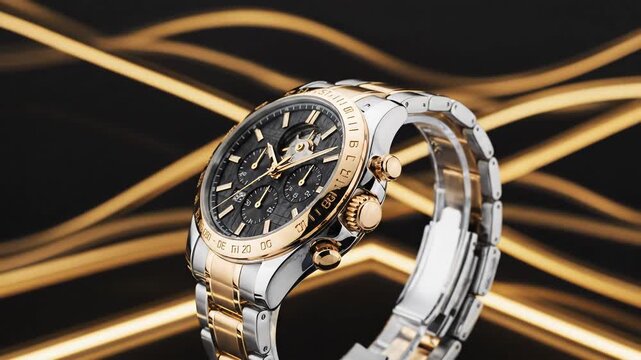 Luxury TwoTone Chronograph Watch with Black Dial and Gold Accents.
