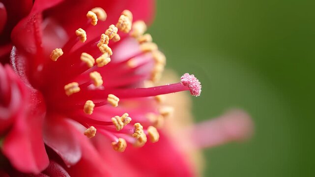 Macro shot of a vibrant red hibiscus flower stamen and pistil.