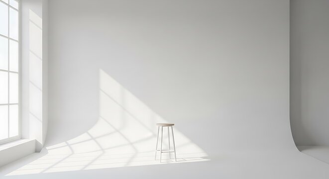 White photo studio interior with large window, simple stool, sun light, clean cyclorama, 3d rendering.