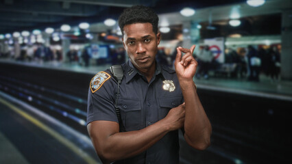 Obraz premium Man police officer in uniform displays badge and points index finger near face on crowded platform inside building; duty vigilance.