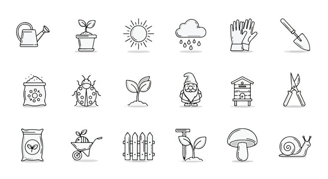 Set of 18 Hand Drawn Garden and Nature Icons Vector