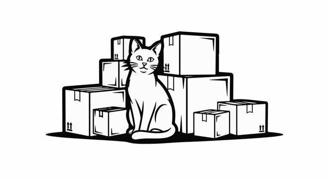 A stylized drawing of a white cat sitting in front of a stack of shipping boxes