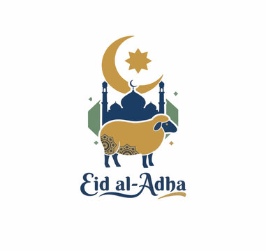 Eid al-Adha Celebration Vector with Ram, Mosque Silhouette, and Golden Crescent Moon