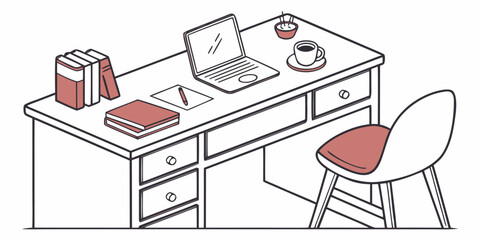 Fototapeta premium Organized modern home office desk setup illustration with workspace furniture workplace computer interior education business illustration professional freelance organized stationery