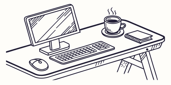 Modern office desk setup with desktop computer and steaming cup computer keyboard workplace business technology workspace illustration furniture professional stationery notebook creative