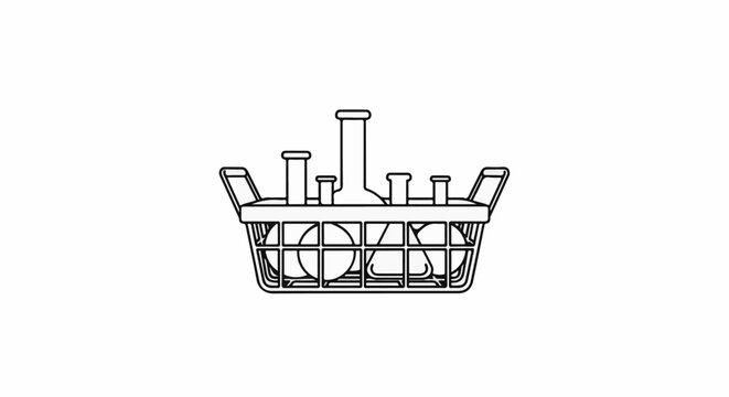 A cartoon illustration of a basket filled with various science lab flasks