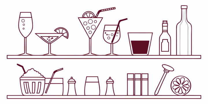 Bar shelf line art collection featuring various cocktails and beverage accessories cocktails glassware beverages bartending illustration restaurant mixology lifestyle monochrome drinking
