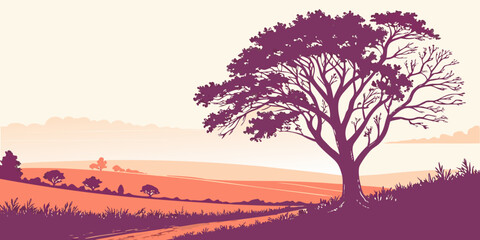 Serene landscape with lone tree at sunset illustration landscape countryside silhouette peaceful background illustration environment daylight farmland artistic serenity vegetation © Gf