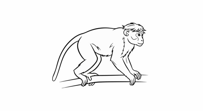 A black and white line drawing of a monkey perched on a branch
