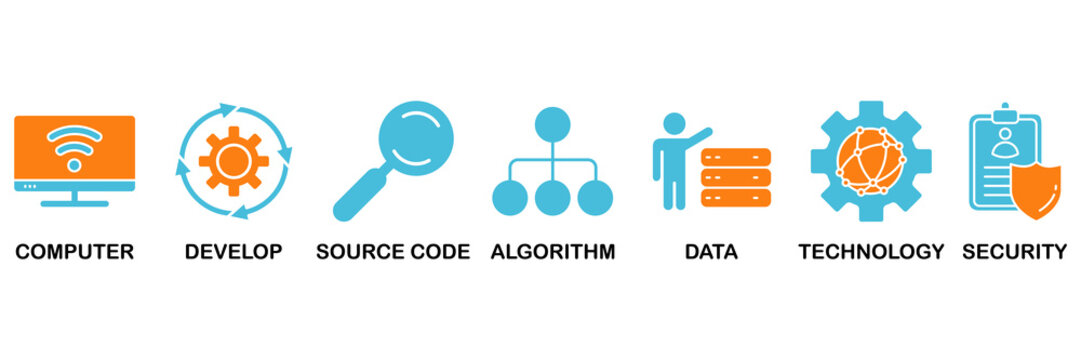 Programming icon set Aqua Orange Flat concept for computer, develop, source code, algorithm, data, technology and security