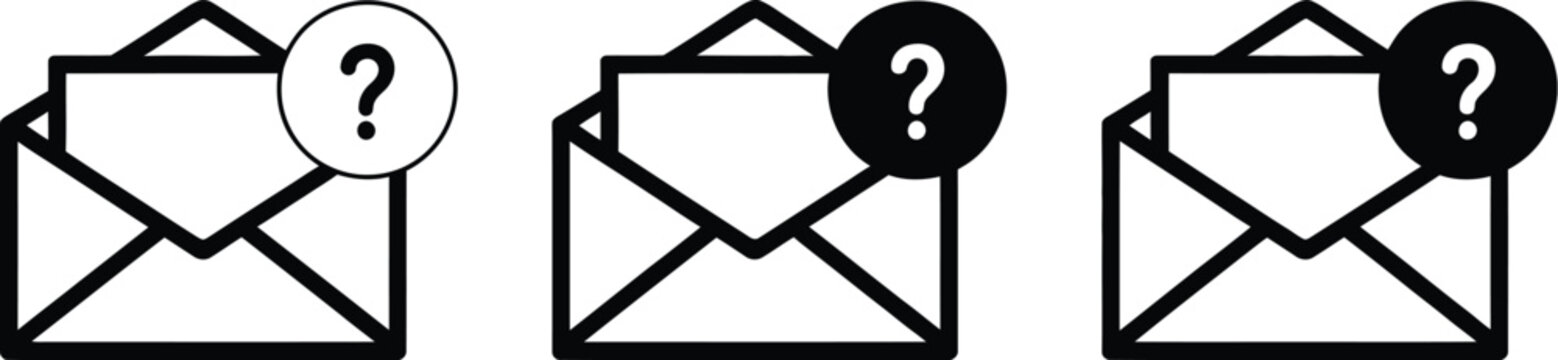 Envelope question mark icons set, three mail symbols representing inquiry mystery unknown messages and communication questions concept.