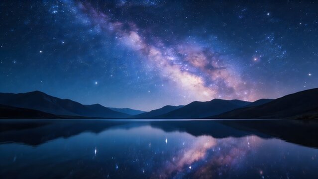 Night sky with stars and mountain reflection