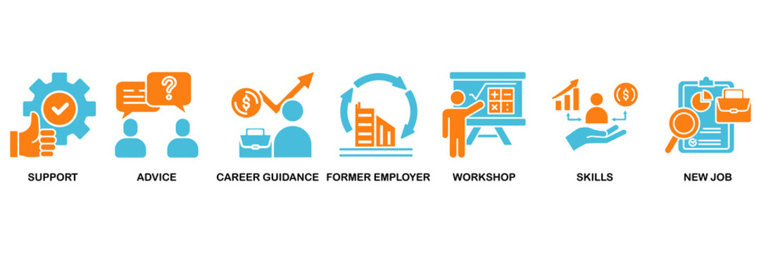 Outplacement icon set Aqua Orange Flat concept for support, advice, career guidance, former employer, workshop, skills, new job, training, and presentation