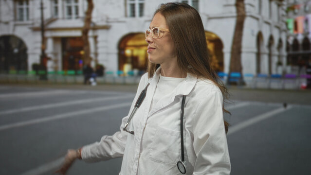 Woman doctor in white lab coat with stethoscope and glasses points finger to side on city street in front of building; skepticism.